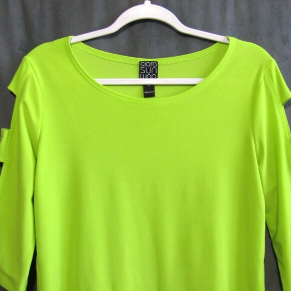 Clara Sun Woo Neon Yellow Top Size M Stretch Knit Cutout 3/4 Sleeve Pullover - Picture 2 of 8